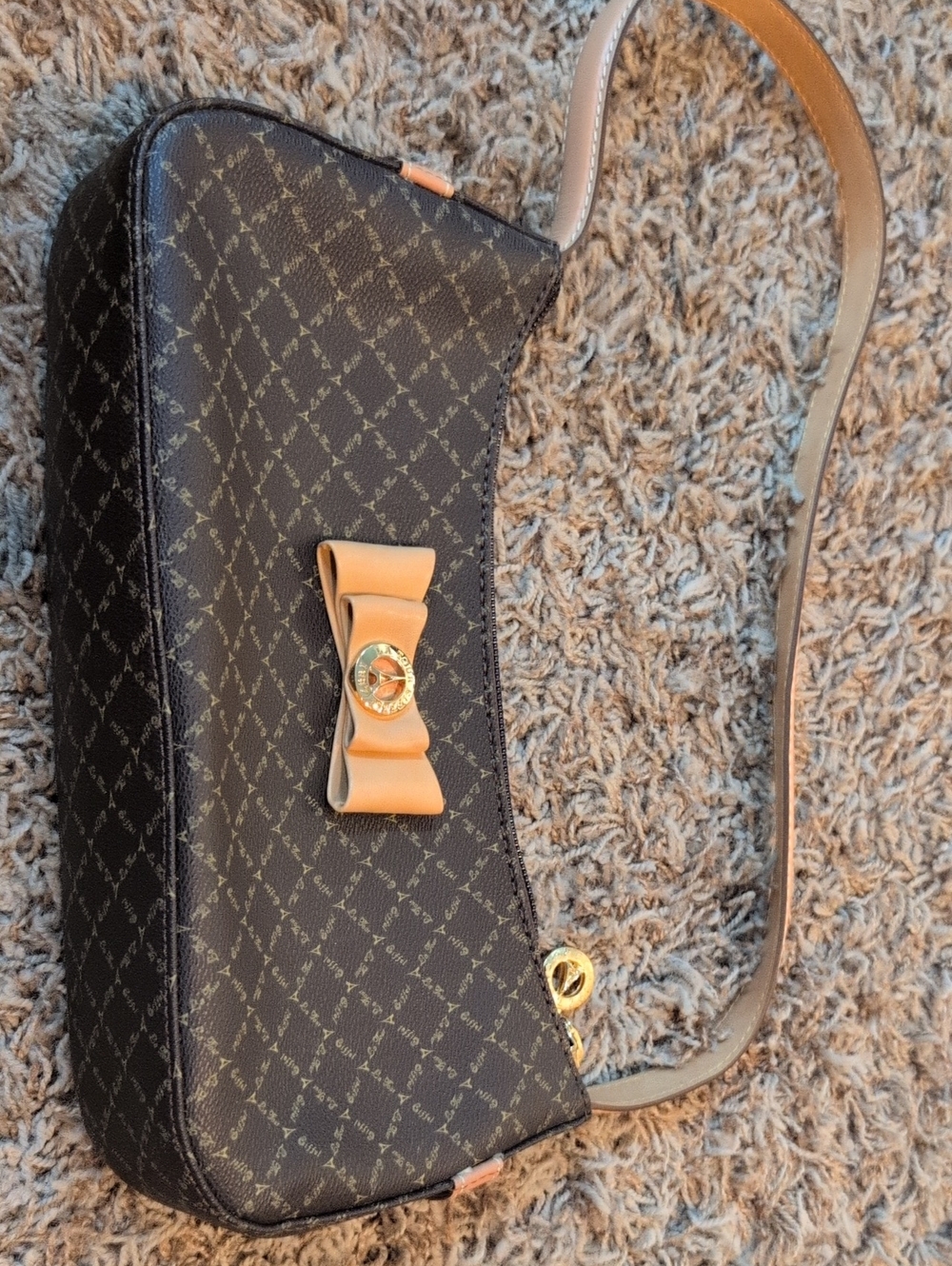 Brown Patterned Crossbody Bag with Tan Bow Accent